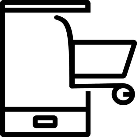 E-commerce. Shopping online. Smartphone and shopping cart icon. Vector illustration flat line minimal design. Online shopping concept. Smartphone with cart. Modern technology e-shopping. Purchasesのイラスト素材