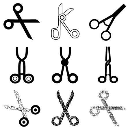 Set of various professional Scissors. Surgical Instrument, Medical clamp, hairstyle scissors icon. Medical equipment. Collection of different scissors models.のイラスト素材