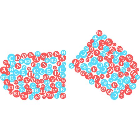 Essential vitamin and mineral complex. Vector creative design vitamin pills capsules. Multi Vitamin complex icons. Multivitamin supplement, Vitamin logo. Diet Infographic poster. Scienceのイラスト素材