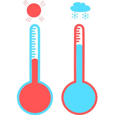 Celsius or fahrenheit meteorology thermometers measuring heat and cold, vector illustration. Thermometer equipment showing hot or cold weather. Medicine thermometer in flat style. Hot or coldのイラスト素材