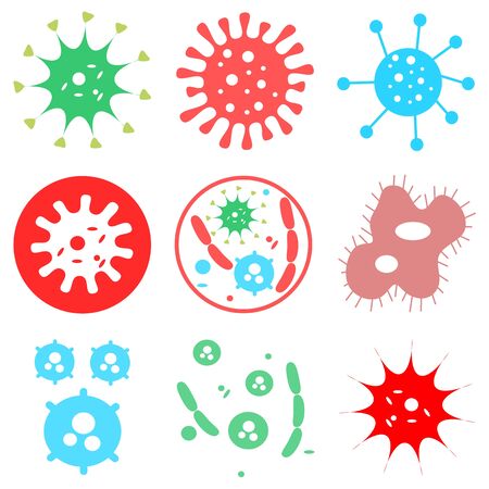 Bacteria, Microbes and Viruses Icons Set, sign and symbols in flat design health with elements for mobile concepts and web apps. Collection modern infographic logo and pictogram. Corona Virus Vector.のイラスト素材