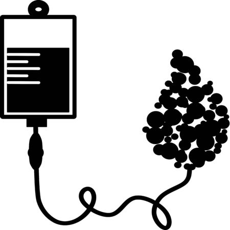 Infusion icon. Intravenous bag, blood, drip. Medical help concept. Vector illustration can be used for topics like hospital, therapy, chemotherapy. Iv, infuse, blood bag. Tube and blood collection.のイラスト素材