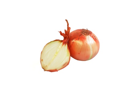 isolated native onions cut in half in a white backgroundの写真素材