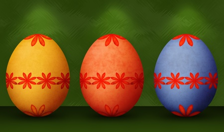 Festive Tango Tangerine Orange, Blue & Yellow Easter Egg With Retro Flower Pattern & Grunge Texture With Green Background and Lightingの写真素材