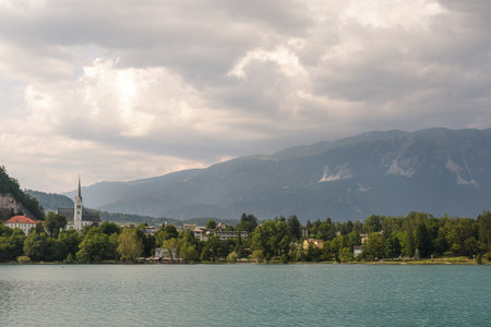 Vista from lake Bled in Slovenian alpsの写真素材