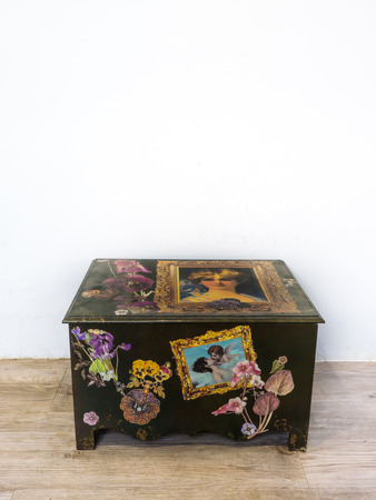 Vintage wood box decorate with Gothic picture   And white space for your text の写真素材