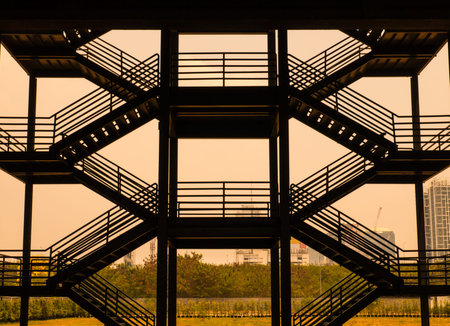silhouette flight of stairs structure in the twilight の写真素材