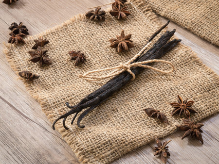 Organic vanilla bean on sackcloth