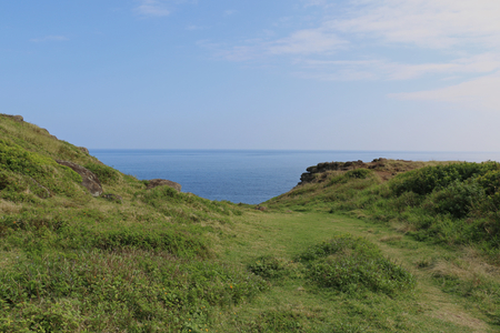 Green Field Leading to Blue Ocean and Skyの写真素材