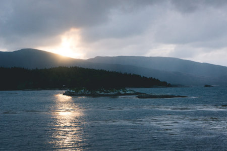 birds flying over a little island in a fjord in Norway at sunset