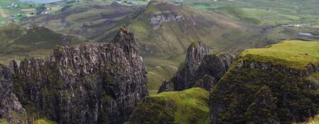 Panoramic view. Hiking the Quiraing on the Isle of Skye, Scotlandの写真素材