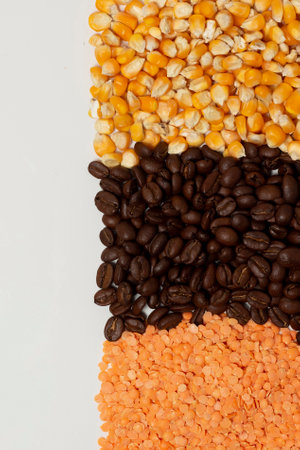 coffee and main seeds, pink lentils - white backgroundの写真素材