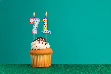 CupCake on bright green and flat green - Birthday candles with colorful dotsの写真素材