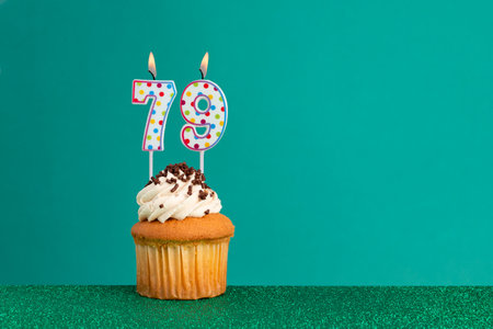 CupCake on bright green and flat green - Birthday candles with colorful dotsの写真素材