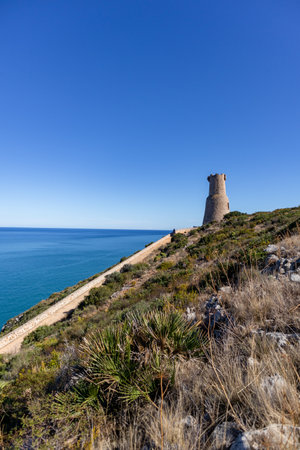 Cliffs in the Mediterranean Sea in the south of Spain. White coast Spain. Valencian Communityの写真素材