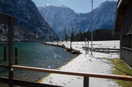 Koenigsee in Bavaria in Winter with Backlightの写真素材