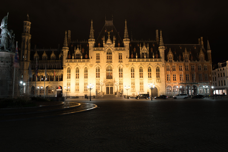 Night view of the Bruges town hall in Belgium, Brugesの写真素材