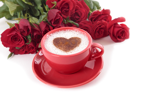 Valentine coffee with roses on isolated white backgroundの写真素材