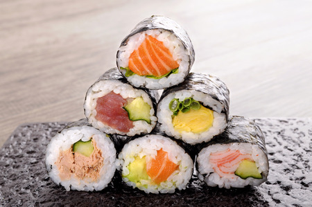 Sushi roll : selection of assorted mini sushi rollの写真素材