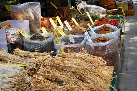 Asian market of dried plants, herbs for food and teaの写真素材