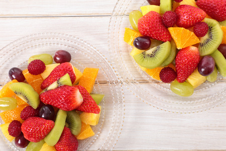 Fruit salad mixed with fresh fruits. Top view.の写真素材