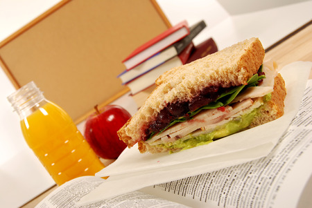 School lunch of turkey sandwich with appleの写真素材