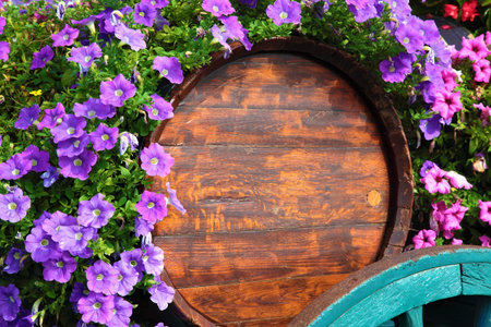 Flower decorated wine cart in Beaujolais region of France.の写真素材
