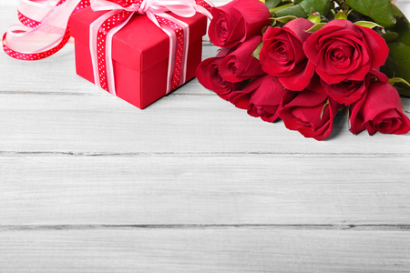 Valentine roses and gift boxの写真素材