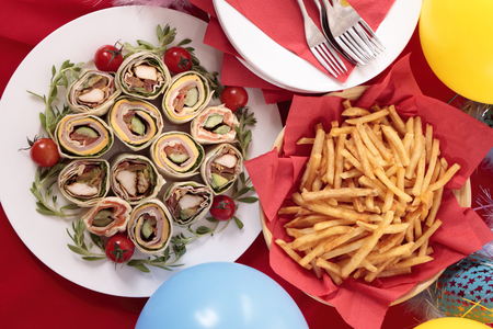 Platter of wrap sandwiches for party foodの写真素材