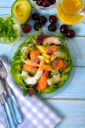 Salmon and prawn summer salad top viewの写真素材