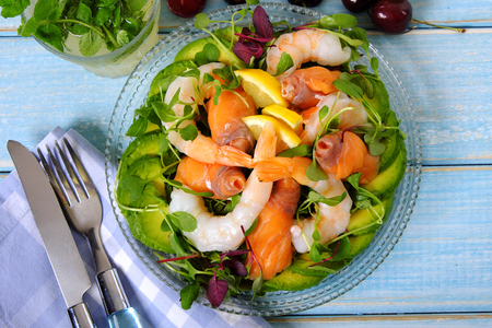Salmon and prawn summer salad top viewの写真素材