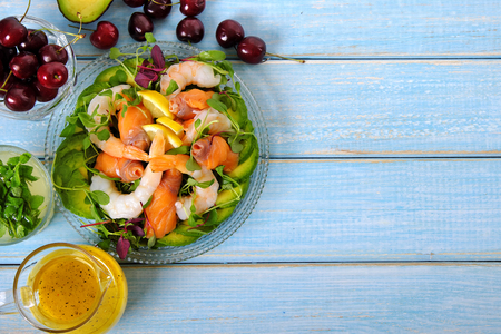 Salmon and prawn summer salad top viewの写真素材