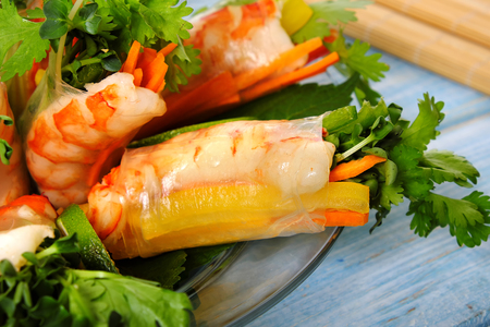 Vietnamese rolls with prawn and vegetables close upの写真素材