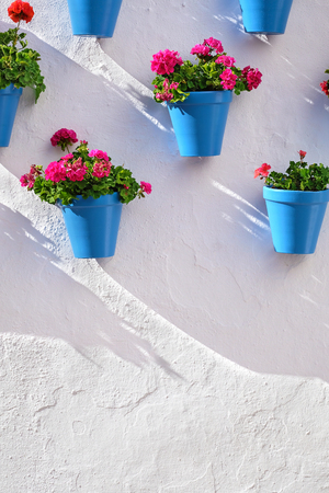 Flower pots decorating on white wall in the old town of Marbellaの写真素材