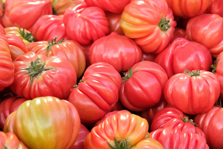 Background of ripe tomatoes at local market in southern Spainの写真素材