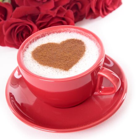Valentine coffee with roses on isolated white backgroundの写真素材