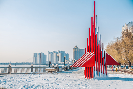 Contemporary red structure covered in snowのeditorial素材