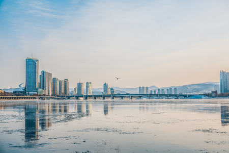 View of urban city in winterのeditorial素材
