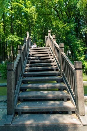 People on a wooden bridgeのeditorial素材