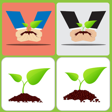 Two hand are planting Two leaf plant on soilのイラスト素材