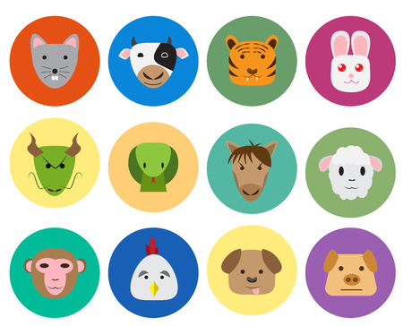 Chinese zodiac 12 animal icon in cute and simple flat style. isolated vector object.のイラスト素材