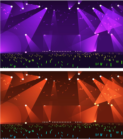 Set of empty stage Rock concert event with spot light vector background with happy people raising up their light stick and light sakura on skyのイラスト素材
