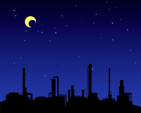 Oil refinery industry silhouette at night, vectorのイラスト素材