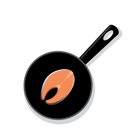 Raw salmon steak on a black round iron panのイラスト素材