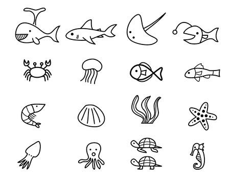 Seafood and sea animal in linear style, vector designのイラスト素材