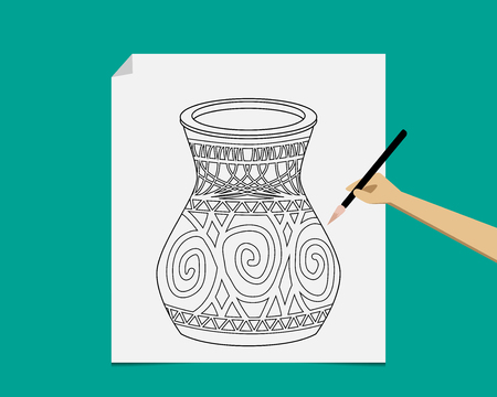 Artist sketching ancient pottery on paper, vectorのイラスト素材