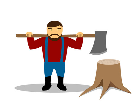 Huge lumberjack and stump in flat style, vector designのイラスト素材