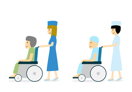 Senior cancer patient on wheelchair and nurse, vector, side viewのイラスト素材