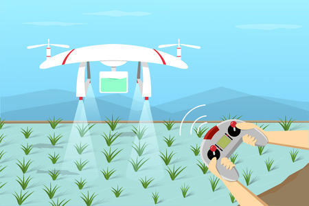 Agriculture Drone fly on paddy by remote control, vectorのイラスト素材