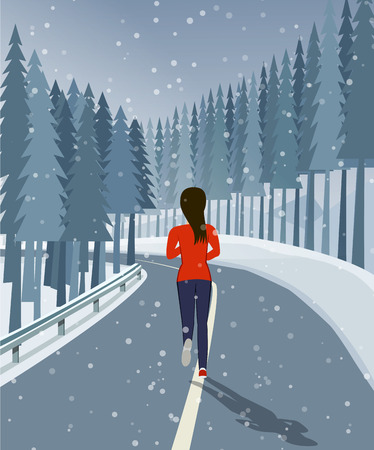 Woman run on road surrounded by forest and snow, vector designのイラスト素材